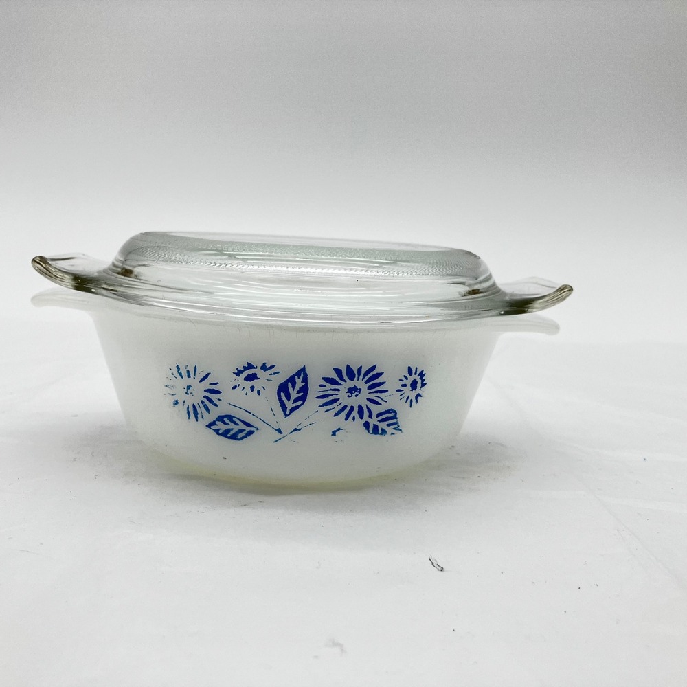 Anchor Hocking Fire-King Casserole Dish 12oz White Blue Floral Vintage Lid